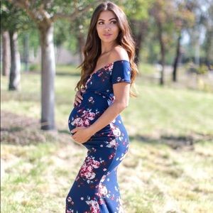 Navy Floral Off Shoulder Wrap Maternity Gown/Dress